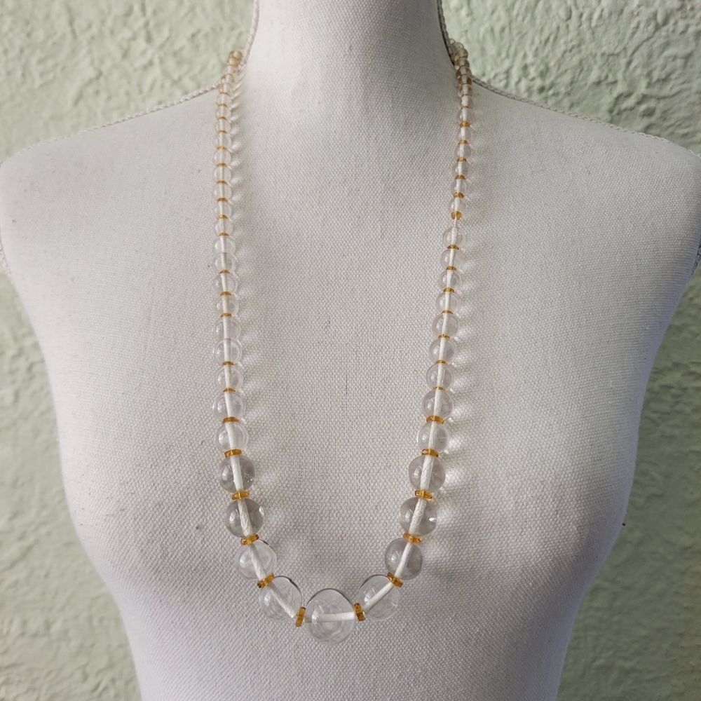 Vintage Art Deco Czech Glass Clear Round Beads Amber Disc Long Necklace 31"
